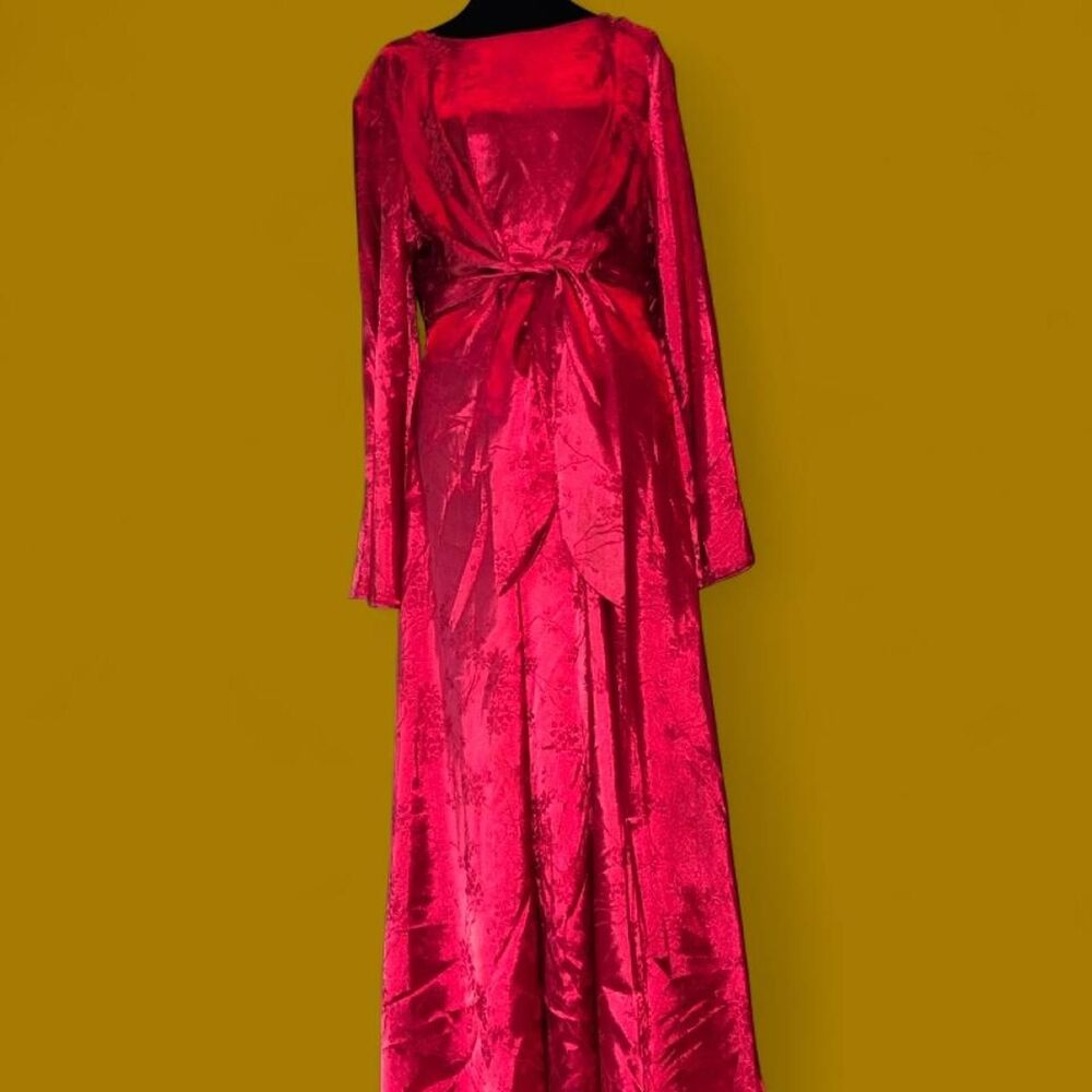 SHEIN Red Satin Floral Jacquard Maxi Dress Corset Style Tie Front